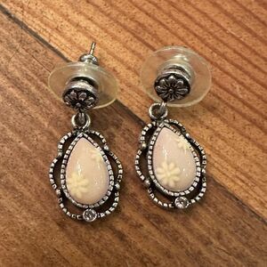 Teardrop Earrings Pink With Flowers Floral Silver Tone